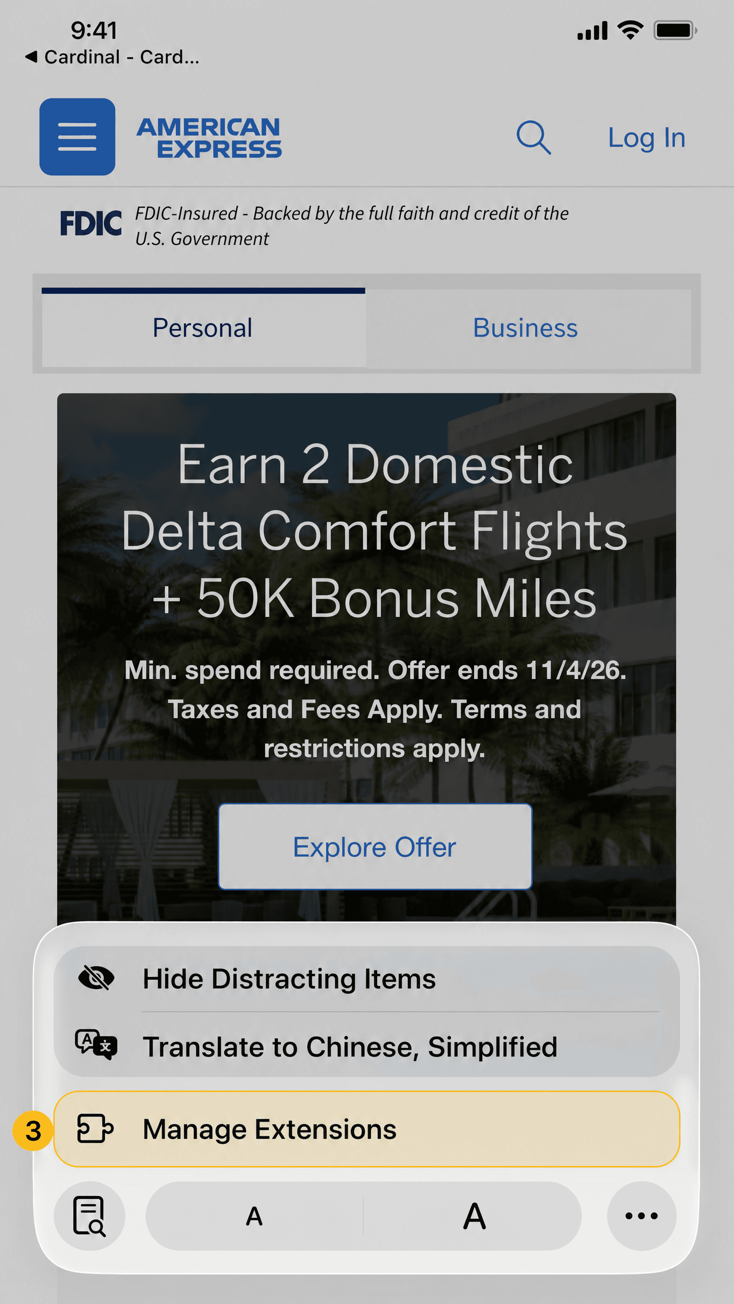 Safari menu with Manage Extensions highlighted