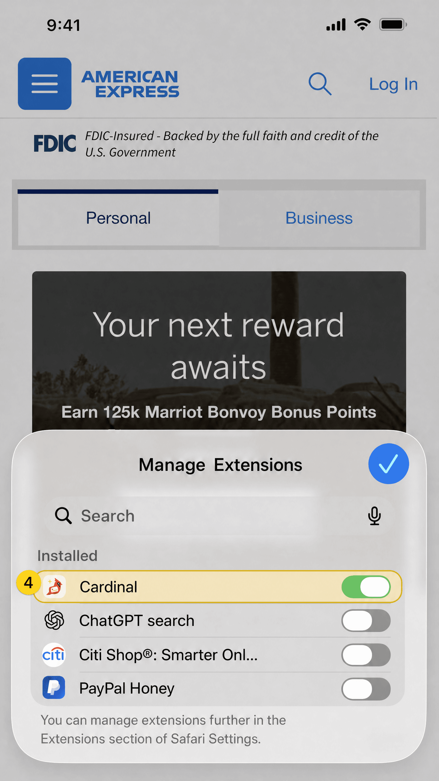 Safari Extensions view with the Cardinal enable control highlighted